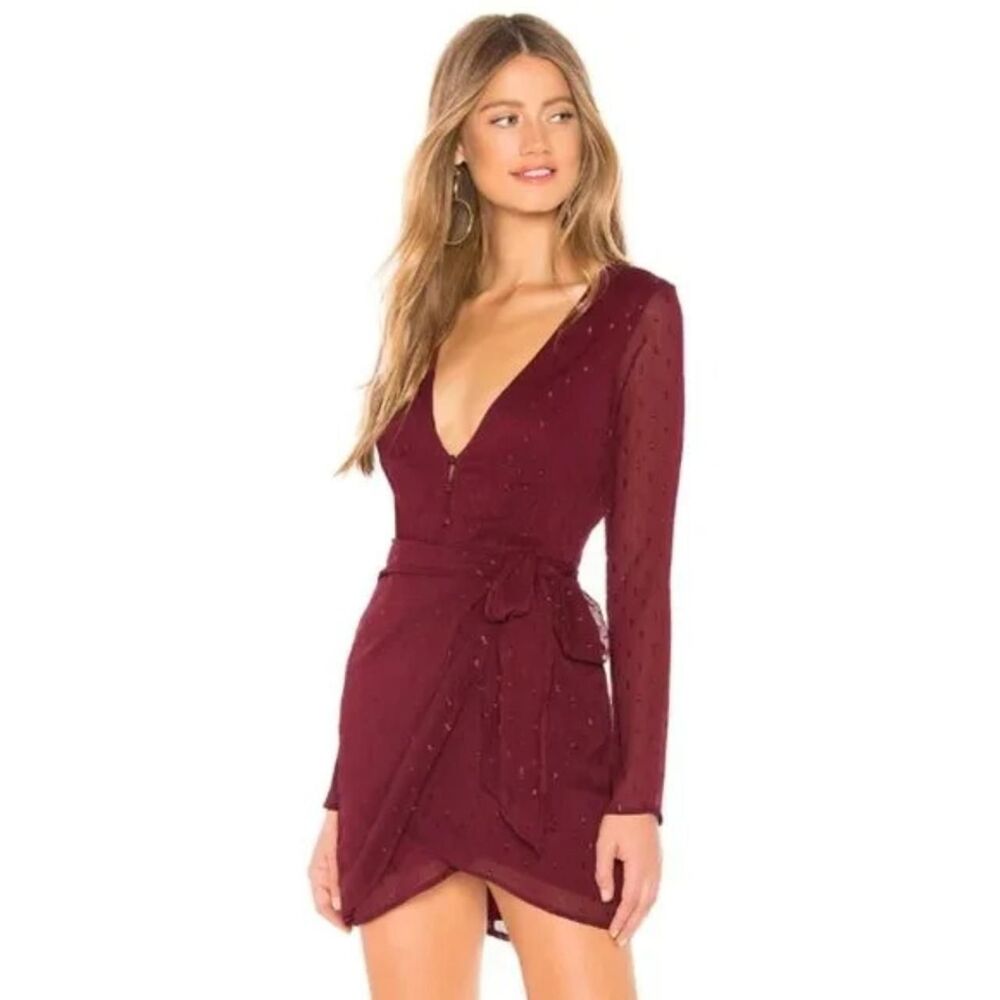 NWT Superdown Revolve Maya Burgundy Mini Faux Wrap Dress in size S